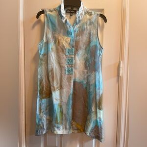 Sleeveless Tunic Wire Ruched Collar Top, Tan and Blue, Size S/P
